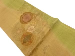 手織り紬汕頭相良刺繍道長取に花々・松模様洒落袋帯